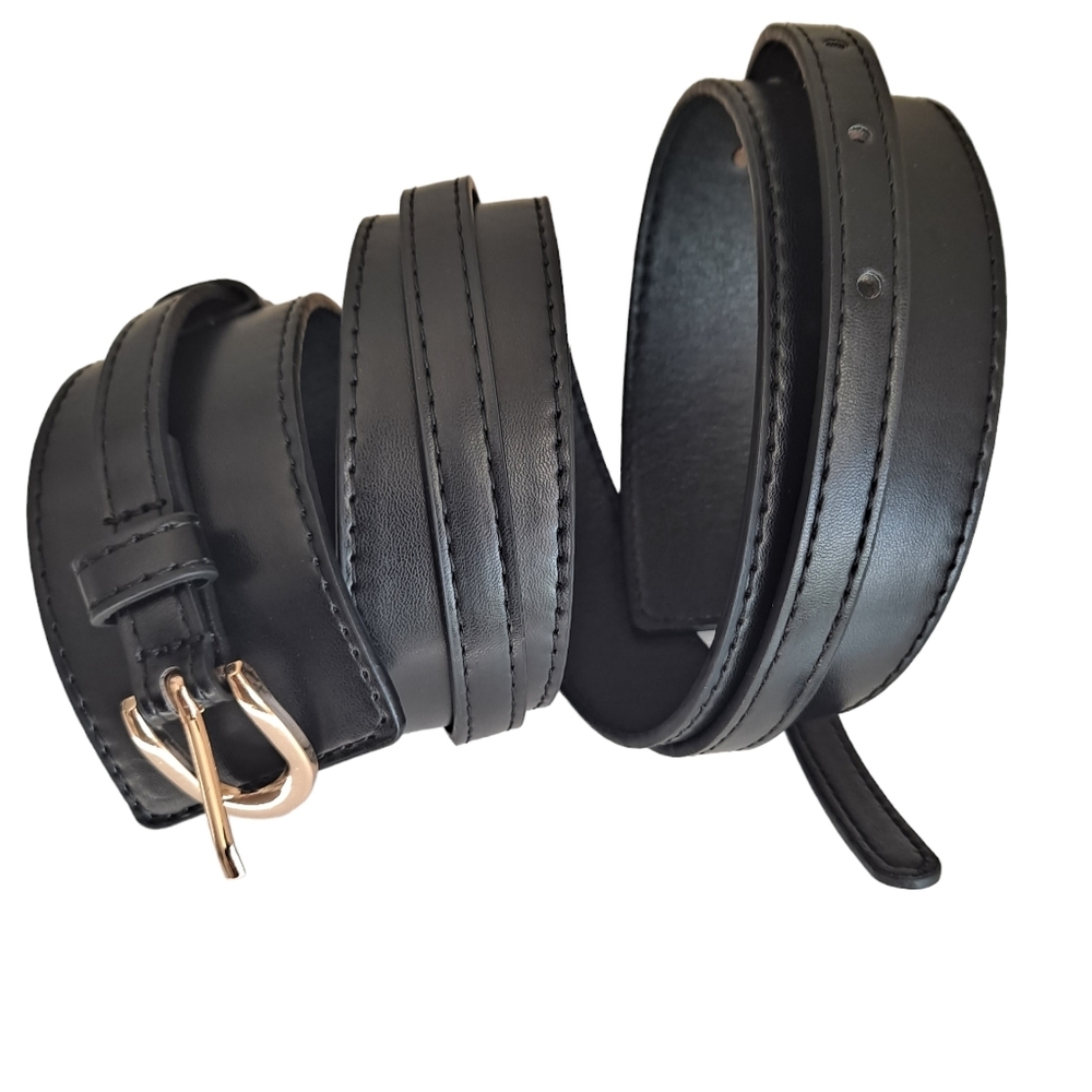 Skinny thick Black faux leather utility corset gold buckle dress wide waist belt - Picture 5 of 7